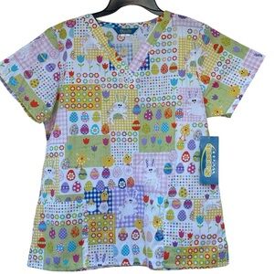 Scrub Wear Scrub Top Women’s Size M with 2 Front Pockets Easter Patterns NWT